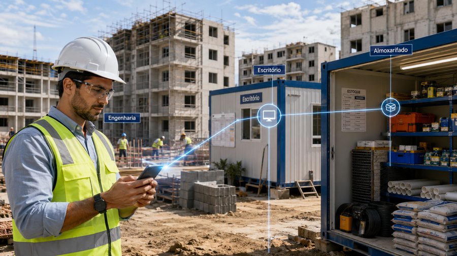 Trabalhador em canteiro de obras usando o ADM OBRA pelo celular